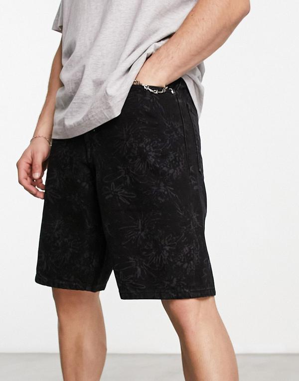 ASOS DESIGN slim regular length denim shorts with floral print-Black