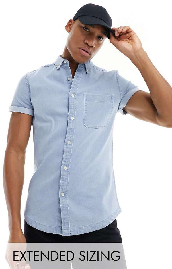 ASOS DESIGN slim roll sleeve denim shirt with button down collar in light blue wash