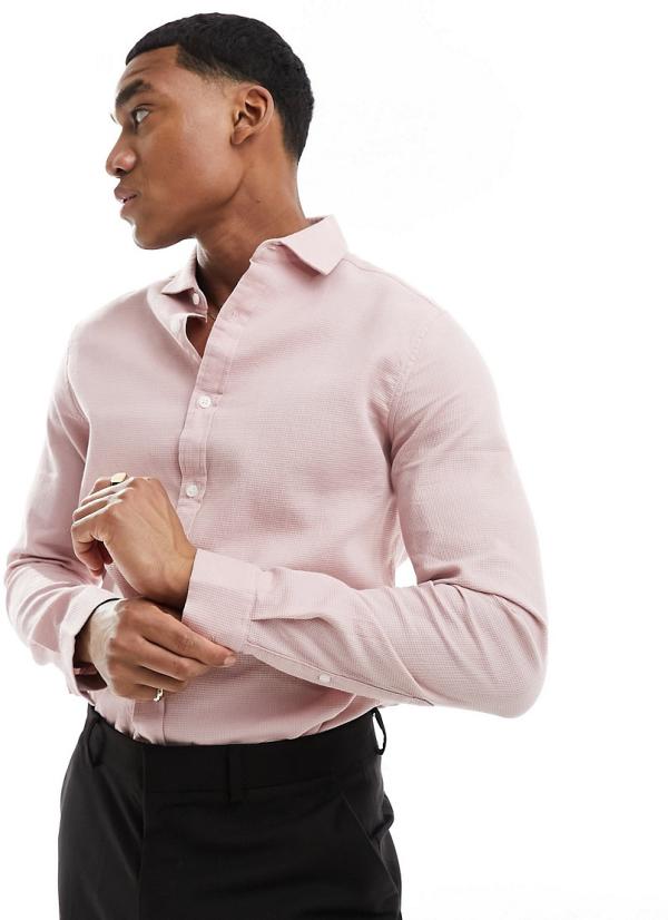 ASOS DESIGN slim shirt in waffle texture with cut away collar in pink