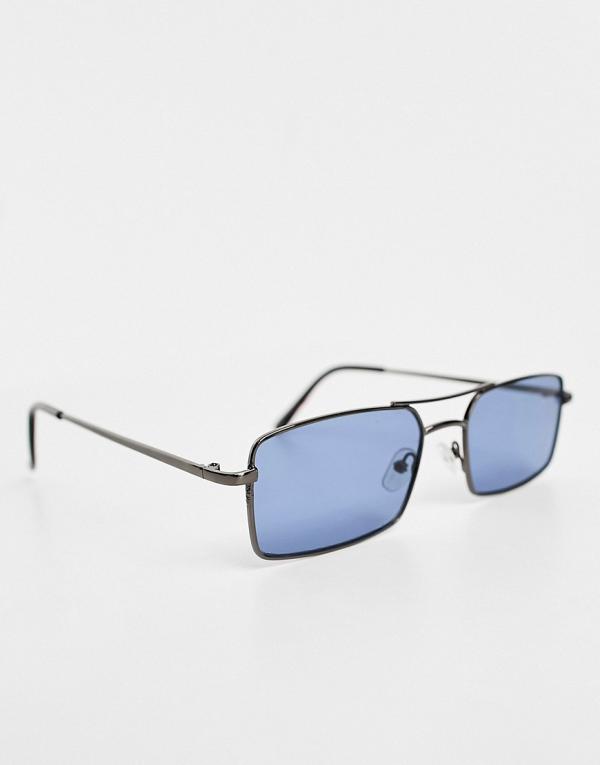 ASOS DESIGN slim square aviator sunglasses with navy lens in gunmetal-Silver