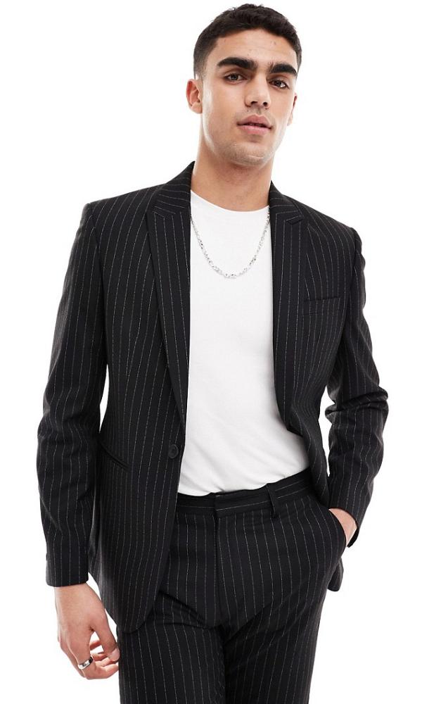 ASOS DESIGN slim suit jacket in black pinstripe