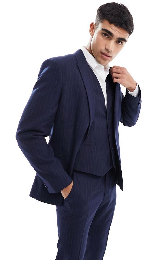ASOS DESIGN slim suit jacket in navy pinstripe