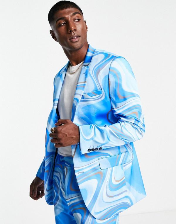 ASOS DESIGN slim suit jacket in tonal blue print