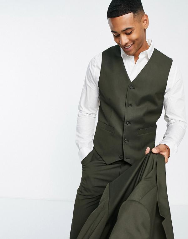 ASOS DESIGN slim suit waistcoat in khaki-Green