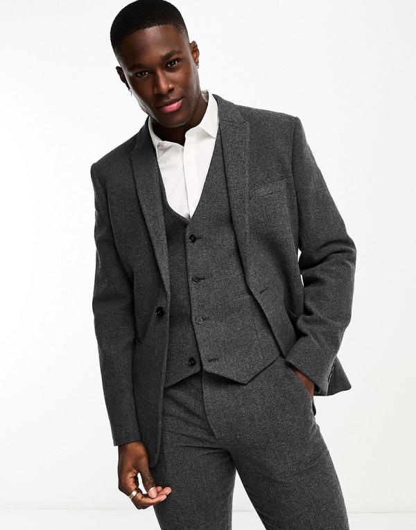 ASOS DESIGN slim wool mix suit jacket in herringbone in charcoal-Grey