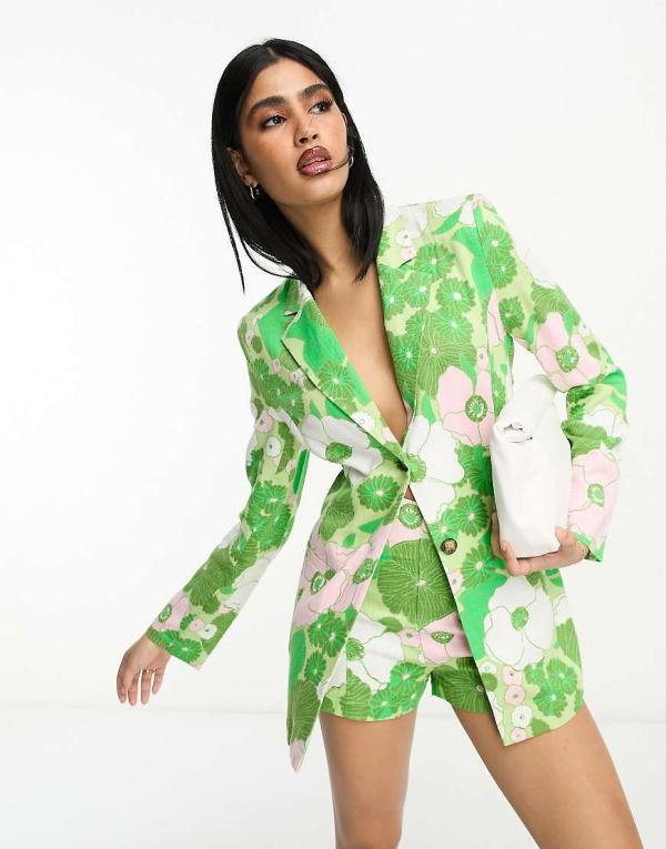 ASOS DESIGN slimline tie back suit blazer with linen in retro floral print-Green