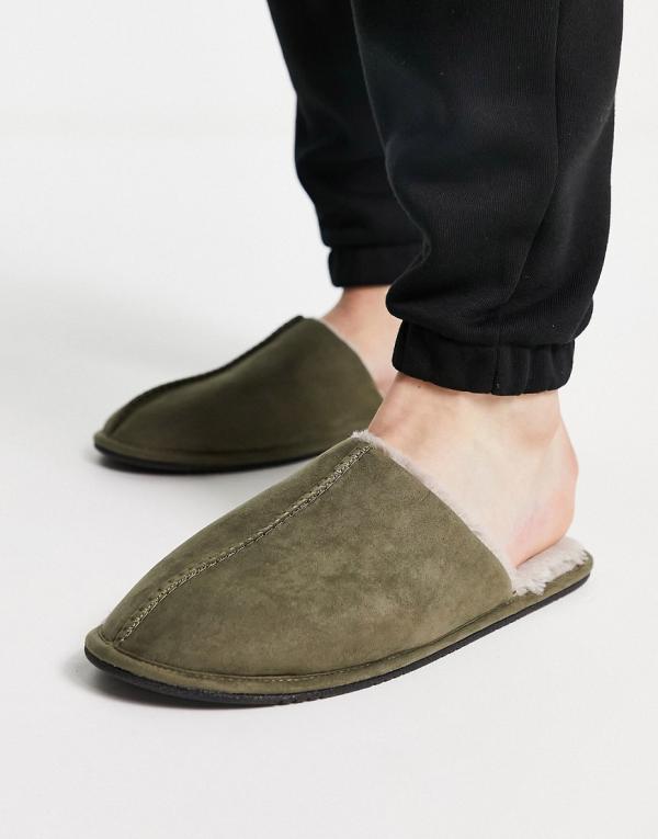 ASOS DESIGN slip on slippers in khaki with beige faux fur lining-Green