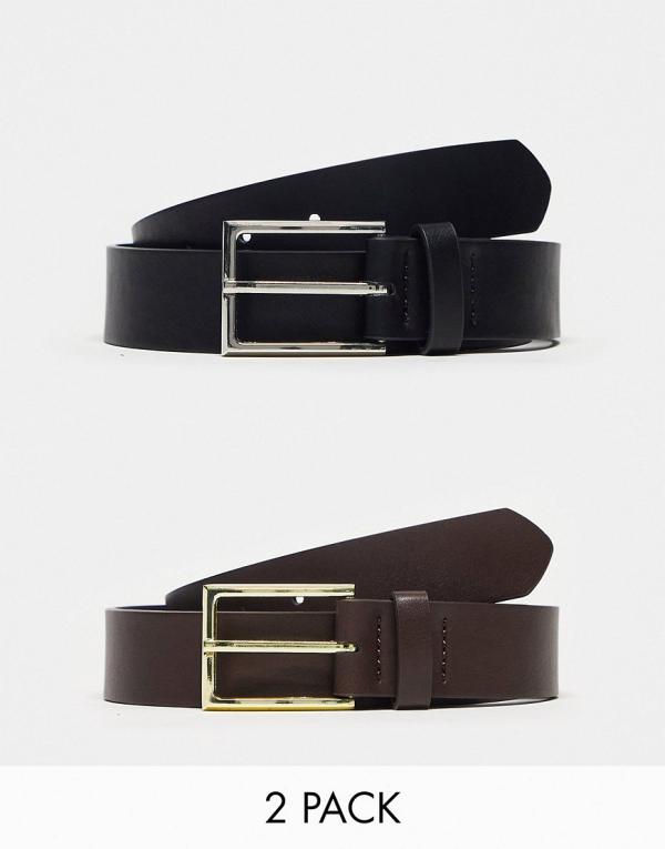 ASOS DESIGN smart faux leather belt pack with silver and gold buckles in brown and black-Multi