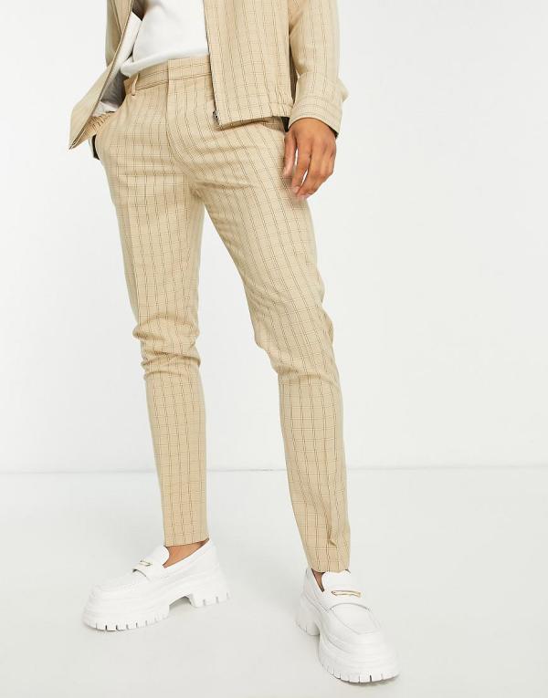 ASOS DESIGN smart skinny pants in stone grid check (part of a set)-Neutral