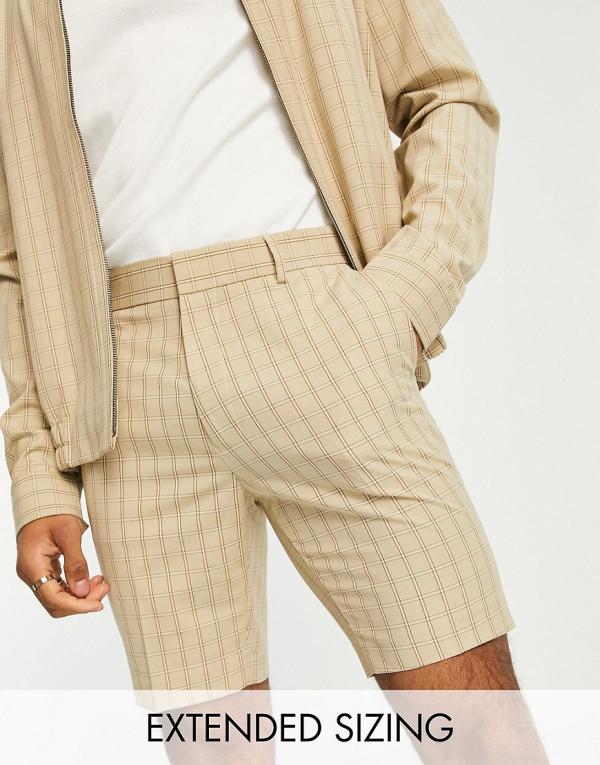 ASOS DESIGN smart skinny shorts with draw cord waist in stone grid check (part of a set)-Neutral