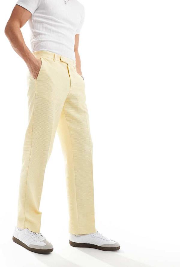 ASOS DESIGN smart straight leg pants in yellow waffle texture