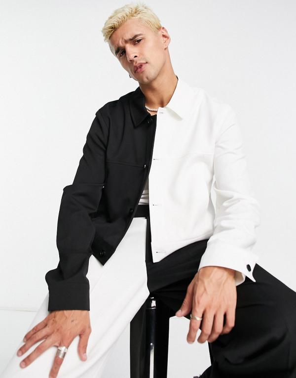 ASOS DESIGN smart trucker jacket in half and half black and white colour block (part of a set)-Multi