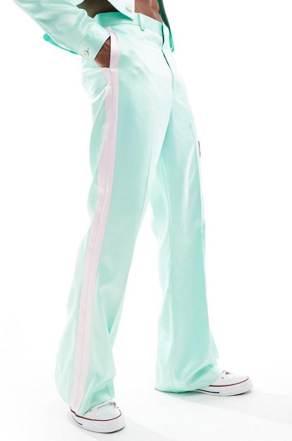 ASOS DESIGN smart wide satin pants in pink with side stripe (part of a set)-Green