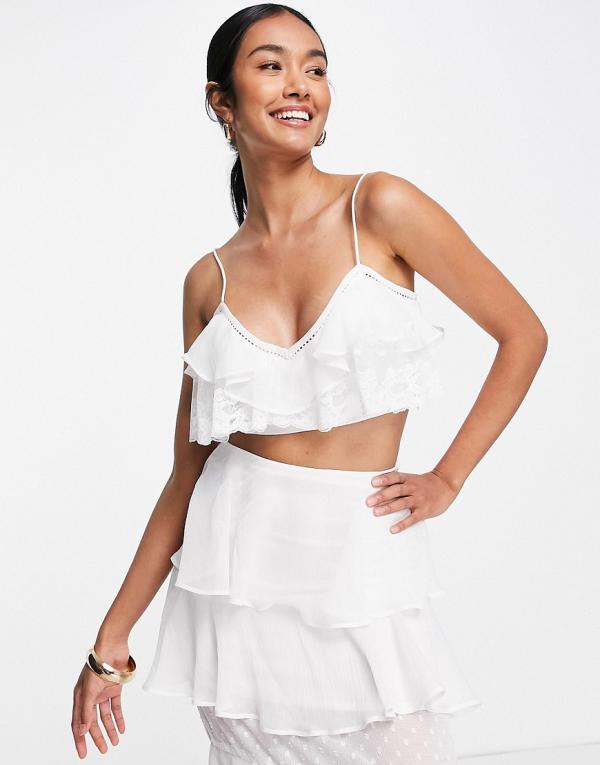 ASOS DESIGN soft ruffle cami crop top with lace inserts in ivory (part of a set)-White