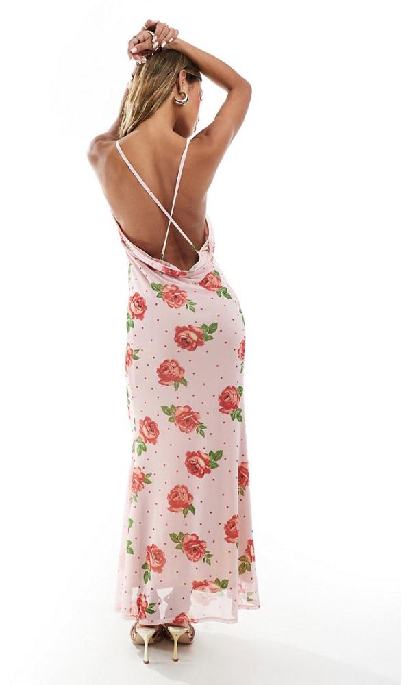 ASOS DESIGN strappy cami maxi dress in pink polka dot rose print-Multi
