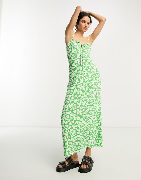 ASOS DESIGN strappy ruched bust midi dress in green and white floral-Multi