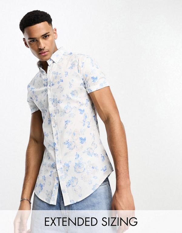 ASOS DESIGN stretch skinny shirt in white and blue floral