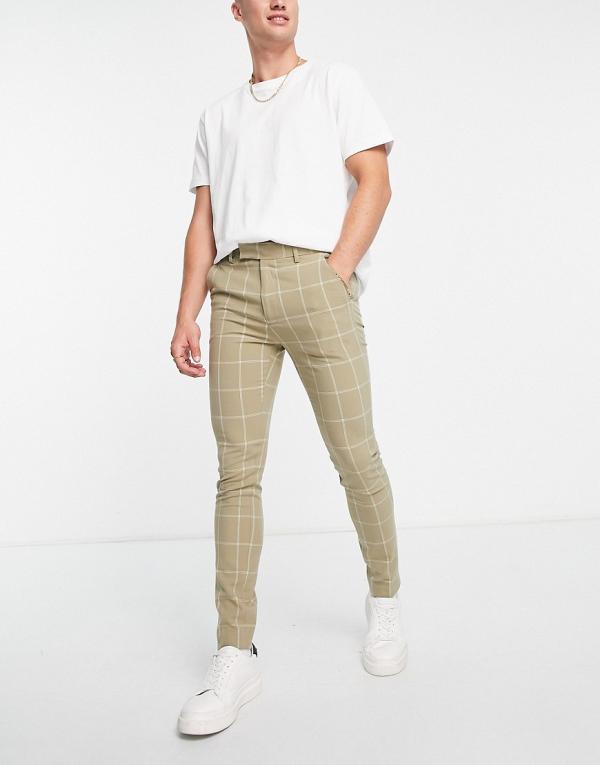 ASOS DESIGN super skinny smart pants with window check in stone-Neutral
