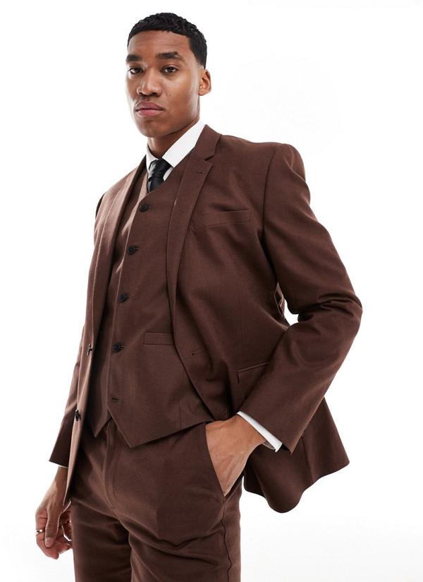 ASOS DESIGN super skinny suit jacket with linen in brown