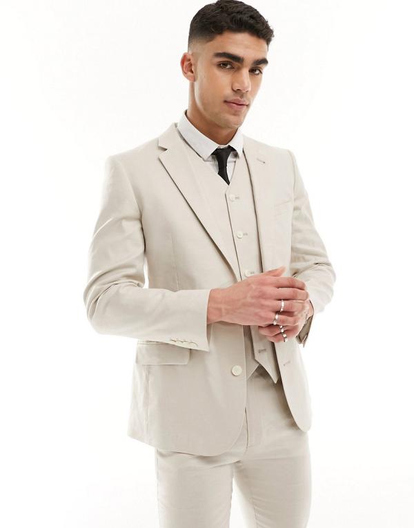 ASOS DESIGN super skinny suit jacket with linen in stone-Neutral