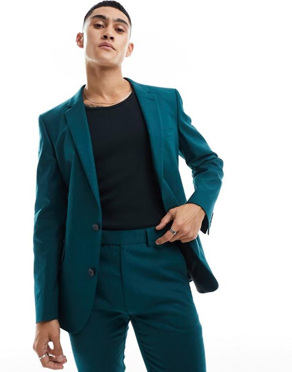 ASOS DESIGN super skinny suit jacket with linen in teal green