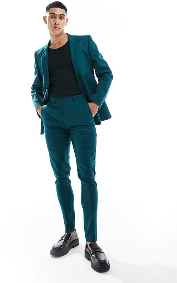 ASOS DESIGN super skinny suit pants with linen in teal green