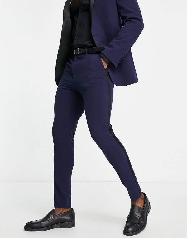 ASOS DESIGN super skinny tuxedo pants in navy with satin side stripe