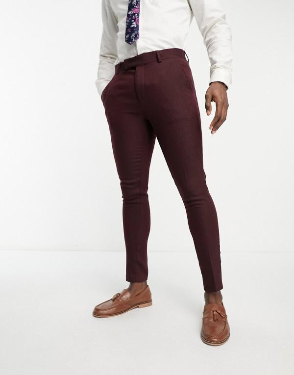 ASOS DESIGN super skinny wool mix suit pants in burgundy herringbone-Red