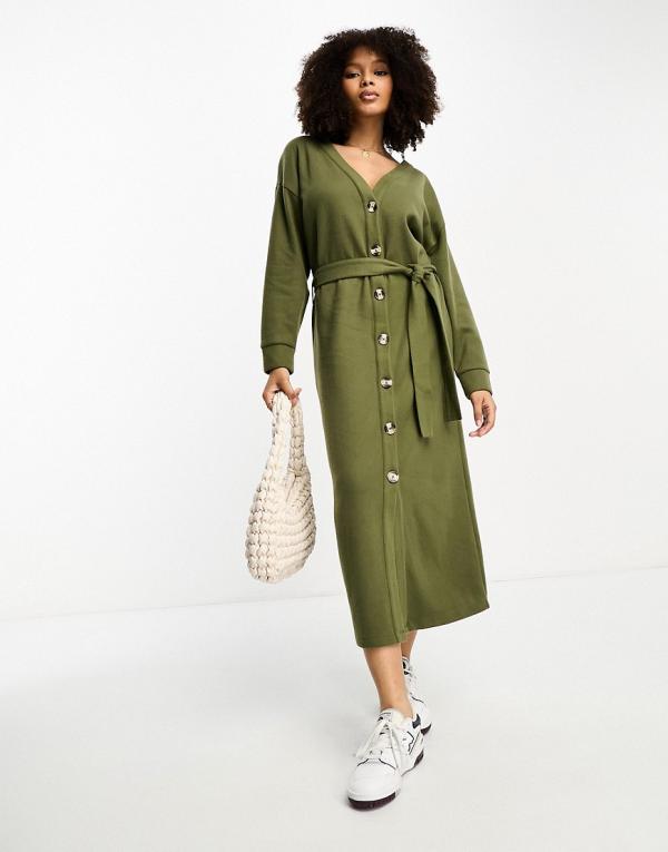 ASOS DESIGN super soft button through maxi cardigan belted dress in khaki-Green