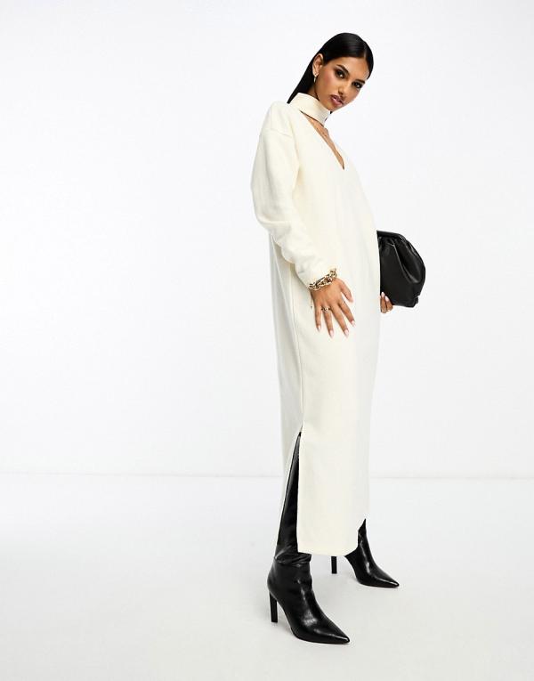 ASOS DESIGN super soft choker detail long sleeve midi jumper dress in winter white