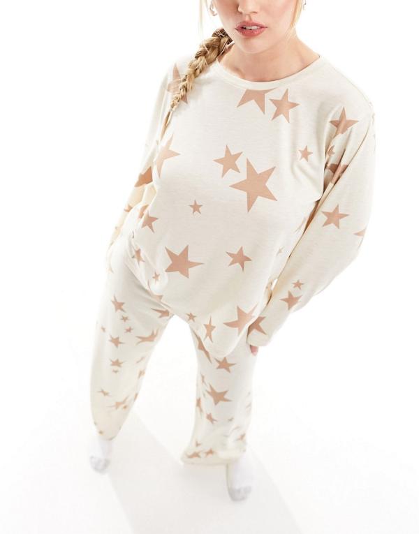 ASOS DESIGN super soft star long sleeve top & pants pyjama set in cream-White