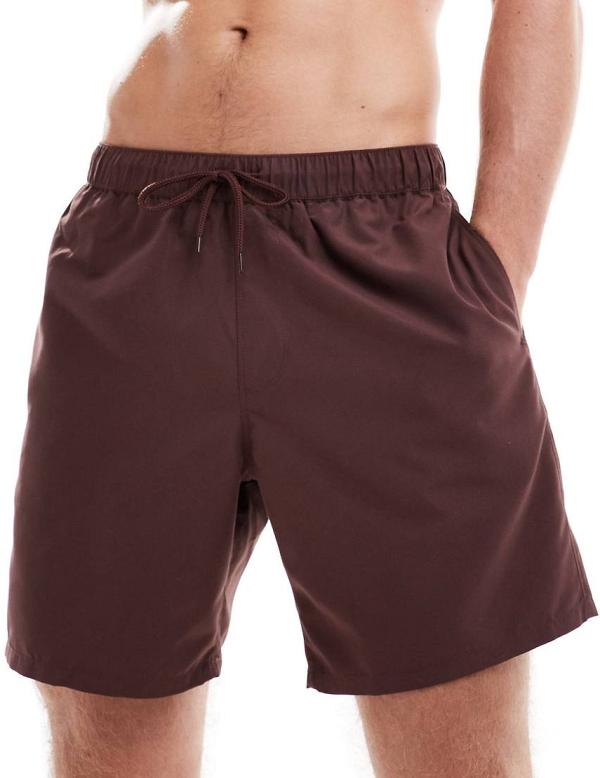 ASOS DESIGN swim shorts in mid length in brown