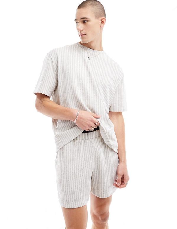 ASOS DESIGN t-shirt and shorts lounge set in beige stripe-Neutral