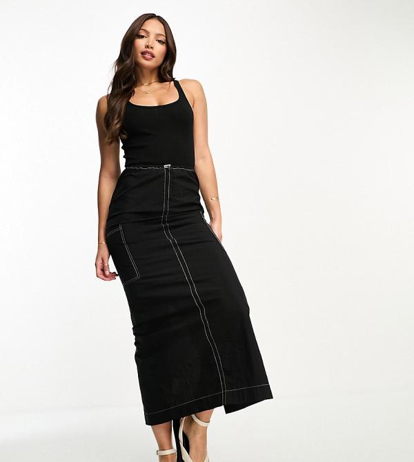 ASOS DESIGN Tall 2 in 1 ribbed scoop neck singlet cargo midi dress in black with contrast stitch