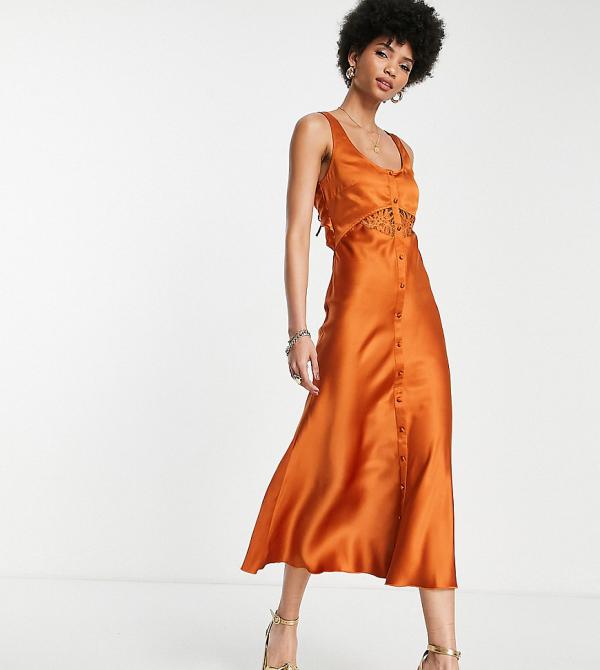 ASOS DESIGN Tall bias satin midi dress with delicate lace detail and button through detail in rust-Orange