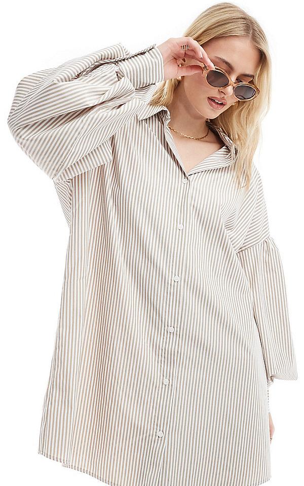 ASOS DESIGN Tall boyfriend shirt mini dress with blouson sleeve in stone stripe-Multi