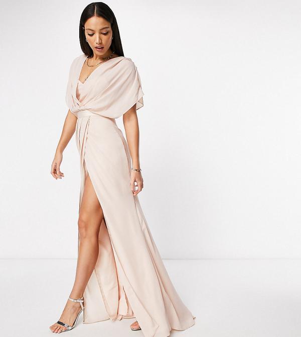 ASOS DESIGN Tall Bridesmaid short-sleeve cowl-front maxi dress with button-back detail-Pink