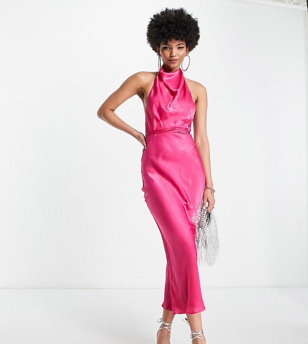 ASOS DESIGN Tall cowl neck halter midi dress with tie wrap waist in bright pink