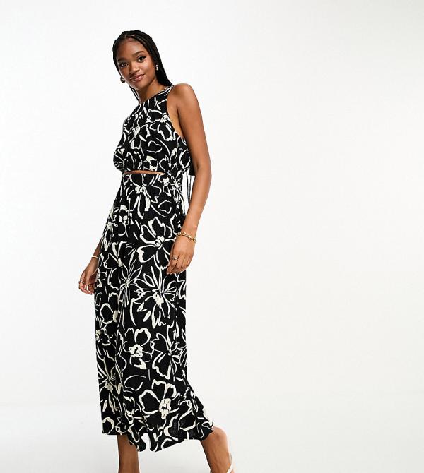 ASOS DESIGN Tall linen midi sundress with cut out ruched detail in abstract floral print-Multi