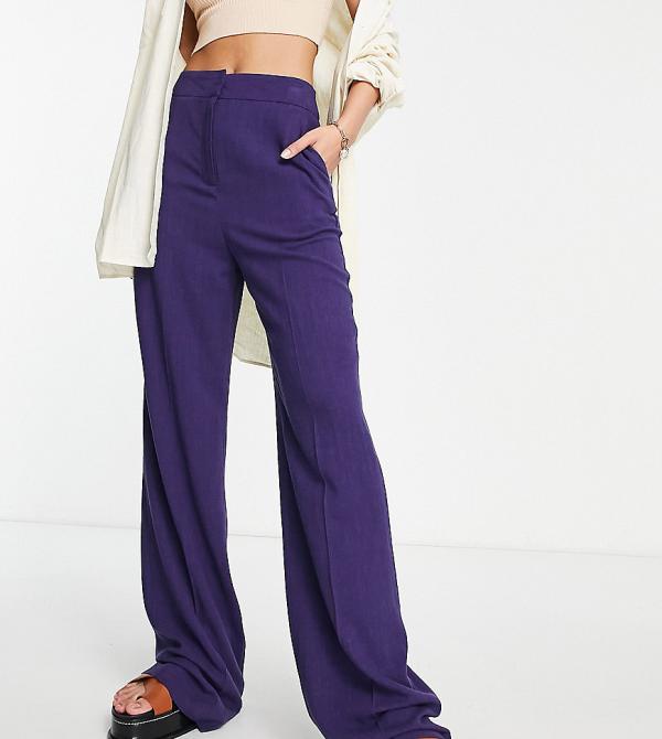 ASOS DESIGN Tall linen wide leg relaxed flare pants in purple-Navy