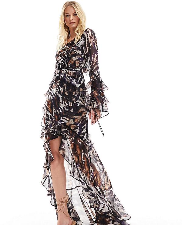 ASOS DESIGN Tall long sleeve ruffle maxi dress with lace inserts in animal print-Multi