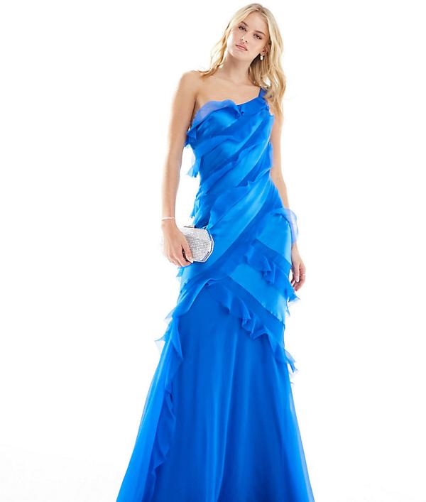 ASOS DESIGN Tall one shoulder ruffle maxi dress with satin chiffon mix in cobalt blue