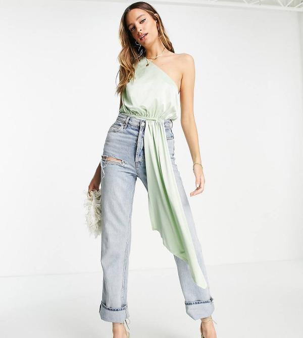 ASOS DESIGN Tall one shoulder satin bodysuit in sage-Green