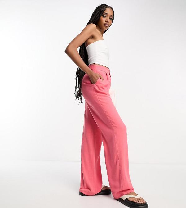 ASOS DESIGN Tall relaxed pants with linen in coral-Orange