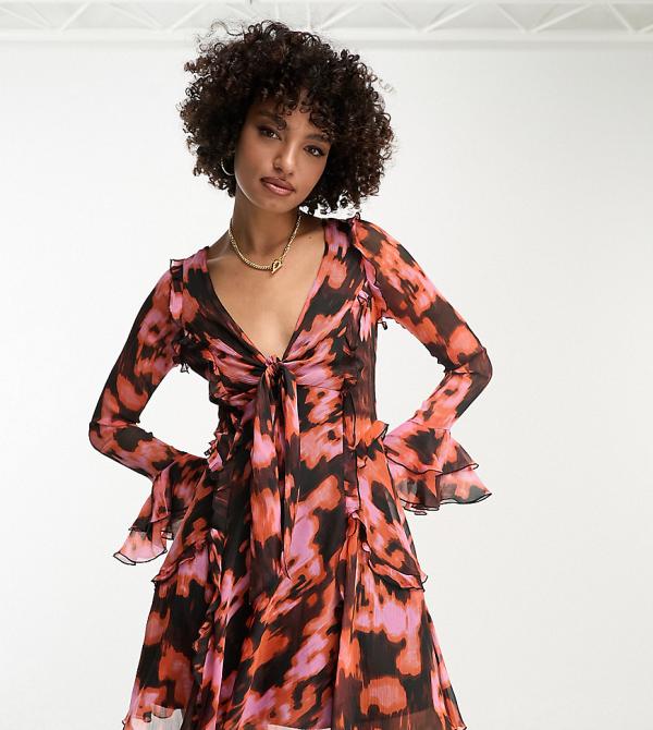ASOS DESIGN Tall ruffle tie front plunge mini dress with frill sleeves in burnt orange lava print-Multi