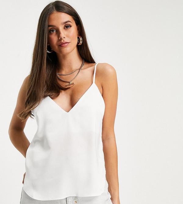 ASOS DESIGN Tall satin cami with wrap back detail in ivory-White