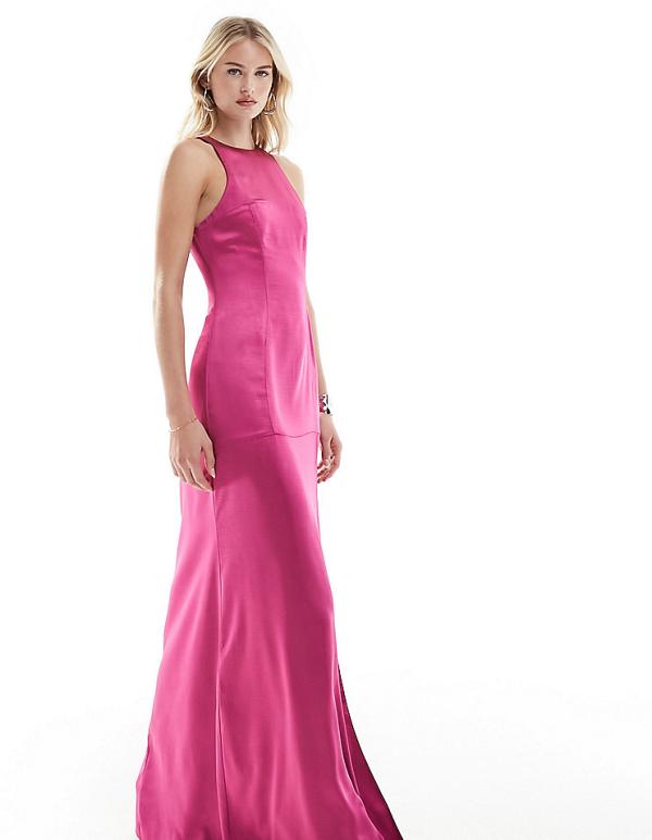 ASOS DESIGN Tall satin racer neck seam detail maxi dress in magenta pink