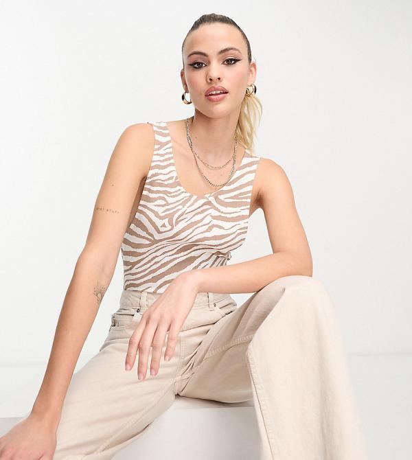 ASOS DESIGN Tall scoop back bodysuit with drop arm hole in neutral zebra print-Multi