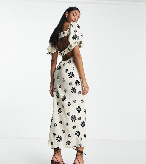 ASOS DESIGN Tall square neck midi dress with elastic detail in cream and black floral print-Multi
