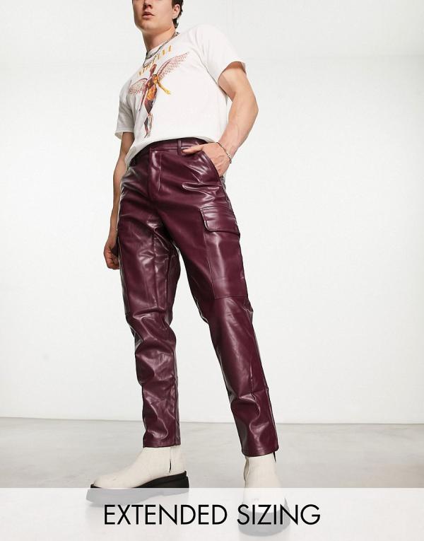 ASOS DESIGN tapered leather look cargo pants in burgundy